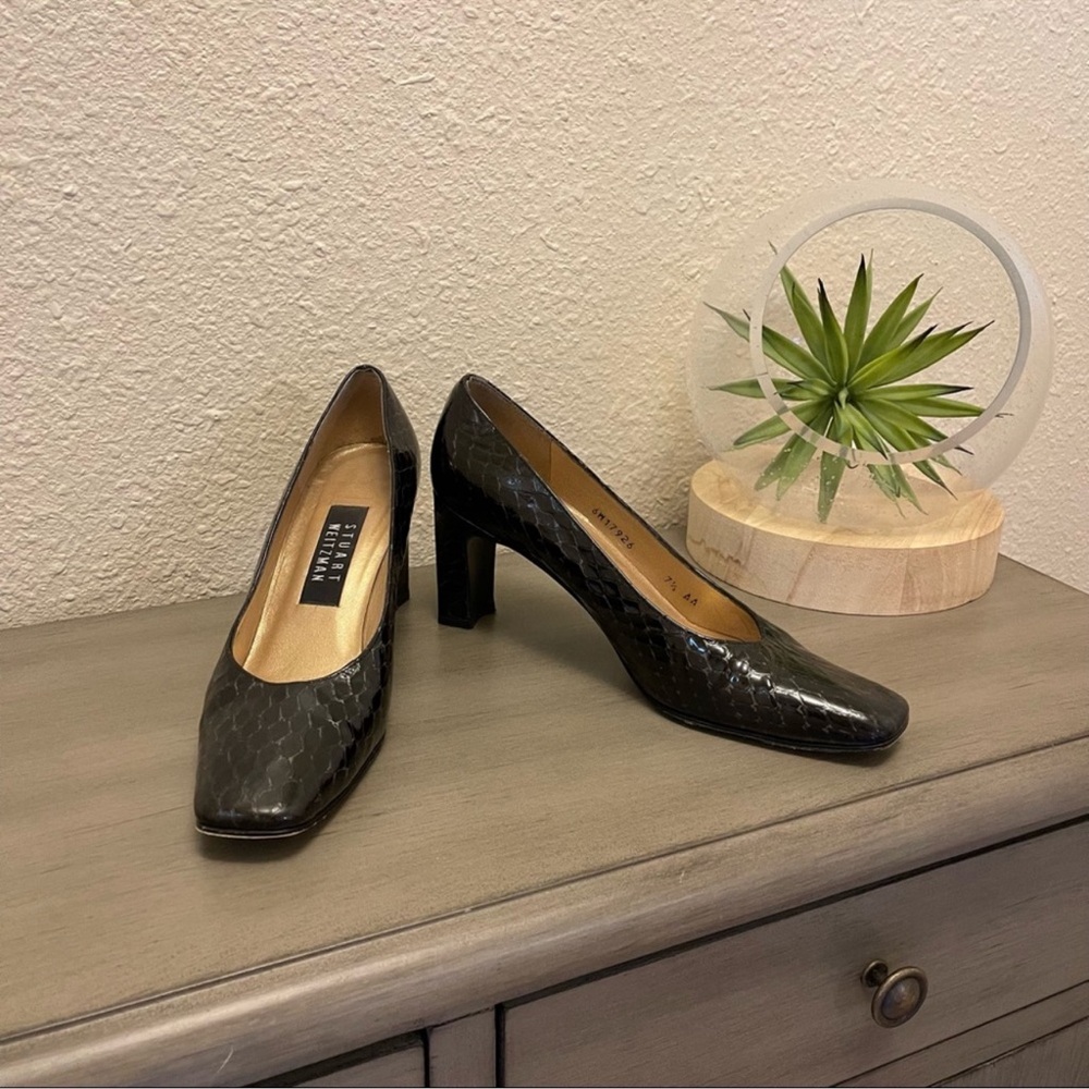 Stuart Weitzman Brown Leather Snakeskin Square Toe 3” Block Heel Pumps 7.5AA